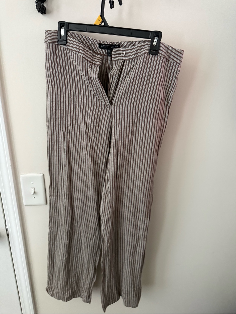Lafayette 148 New York Taupe and White Striped Wide-Leg Trousers 100% linen